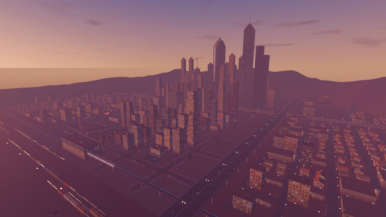 黄昏航拍新澜市全景：北边商务区的地标高楼与塔吊，高架快速路上的车灯，大片亮灯的低层城区与铁路货场，远处是层层远山